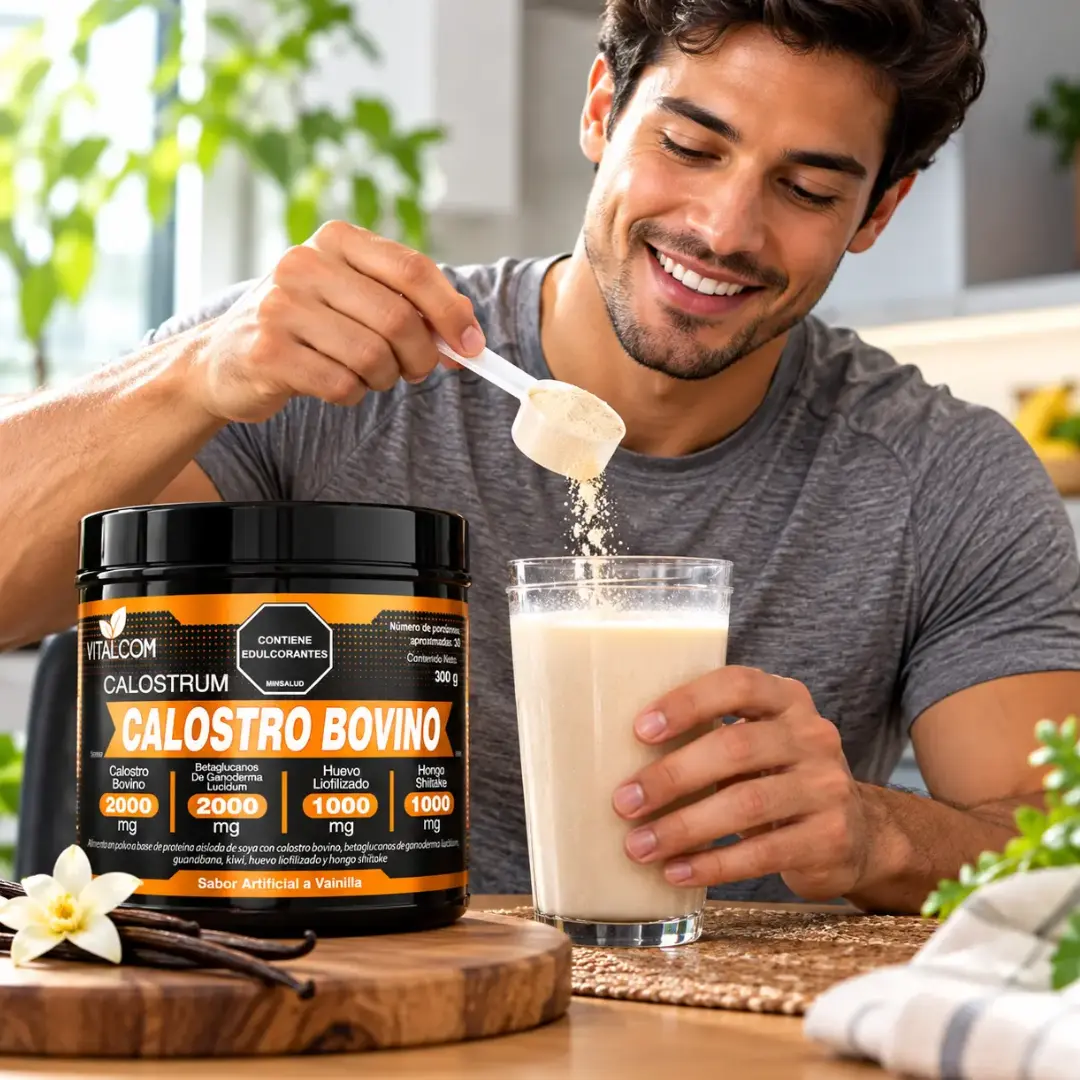 Hombre preparando un batido de calostro bovino Vitalcom en la cocina de su casa