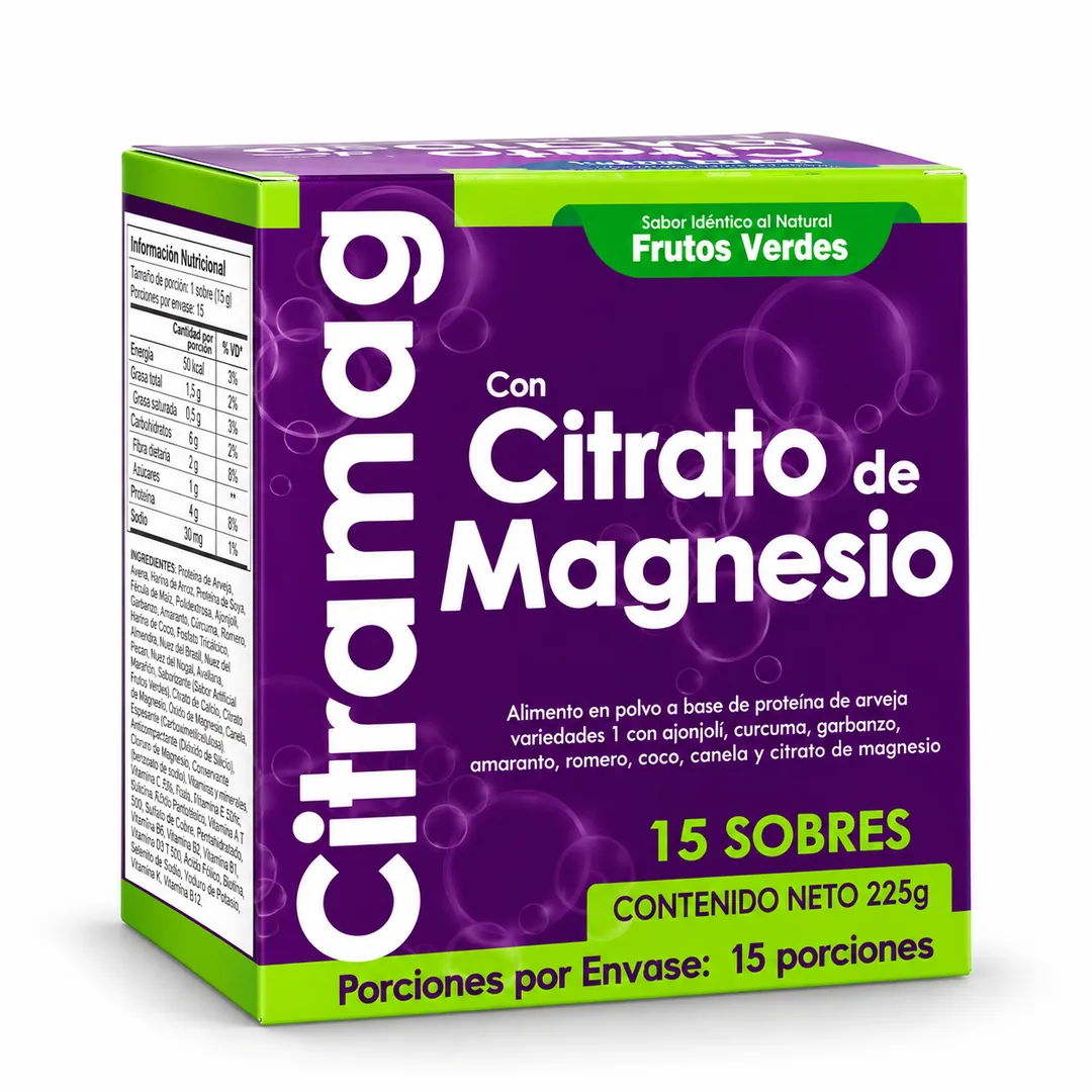 Citramag Citrato de Magnesio en polvo 15 sobres de Pureza Nativa sobre fondo blanco
