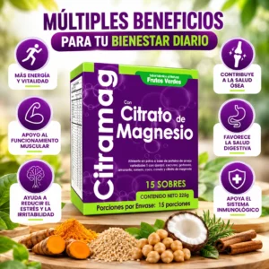 Citrato de Magnesio en Polvo Citramag 15 Sobres – Frutos Verdes Beneficios del citrato de magnesio Citramag: energía, funcionamiento muscular y bienestar digestivo
