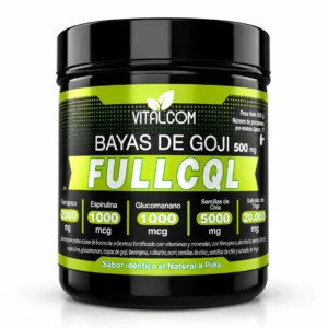 FullCQL bayas de goji en polvo de Vitalcom, tarro de 500 g sabor piña de Pureza Nativa sobre fondo blanco