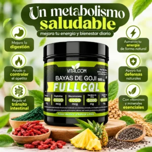 FullCQL Bayas de Goji en Polvo 500 g con Chía y Fenogreco Beneficios de FullCQL: digestión, tránsito intestinal, energía y vitaminas y minerales