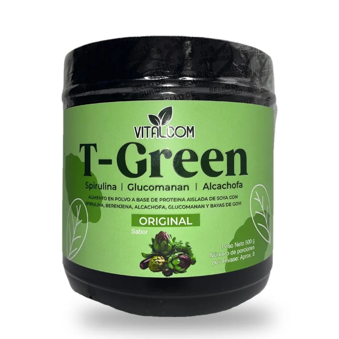T-Green Batido Verde en Polvo 500 g de Vitalcom en Pureza Nativa sobre fondo blanco