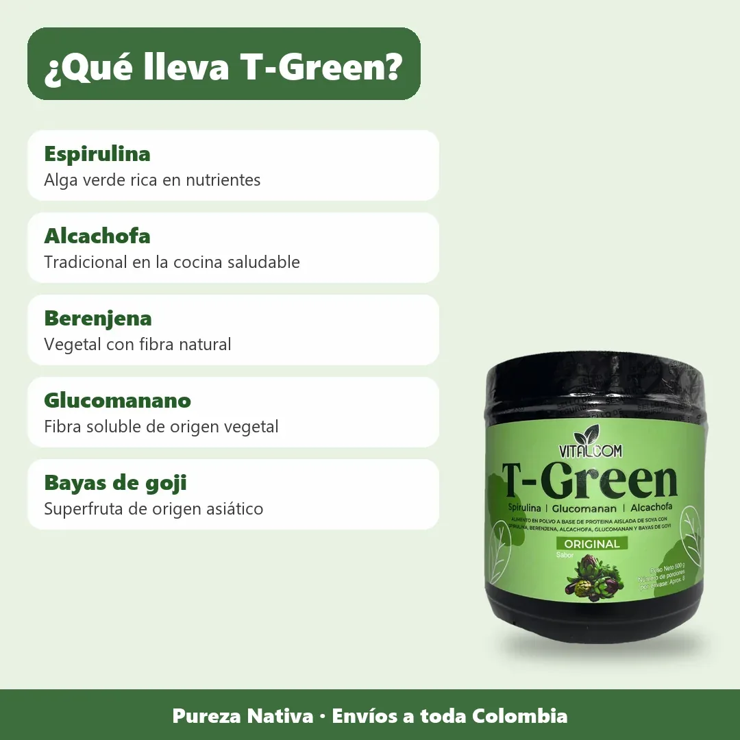 Ingredientes de T-Green: espirulina, alcachofa, berenjena, glucomanano y bayas de goji