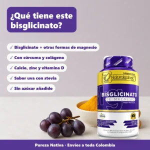 Bisglicinato de Magnesio 100 Masticables con Colágeno y Cúrcuma Qué tiene el bisglicinato de 100 masticables: varias formas de magnesio, cúrcuma, colágeno, calcio, zinc y vitamina D
