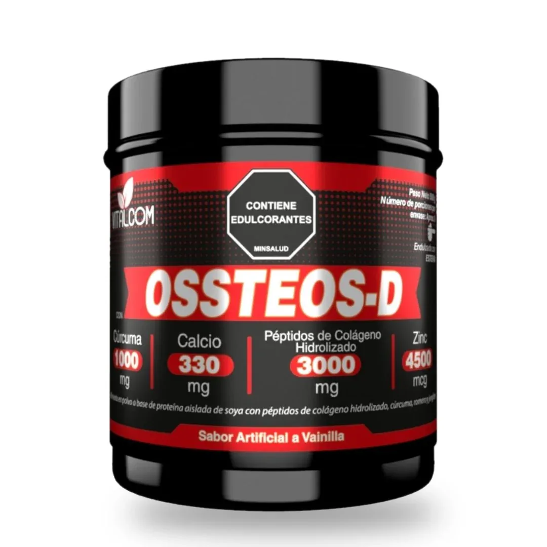 Ossteos-D Colágeno con Cúrcuma en Polvo 500 g de Vitalcom en Pureza Nativa sobre fondo blanco