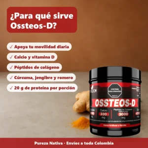 Para qué sirve Ossteos-D: apoya la movilidad, calcio y vitamina D, péptidos de colágeno, cúrcuma y 20 g de proteína