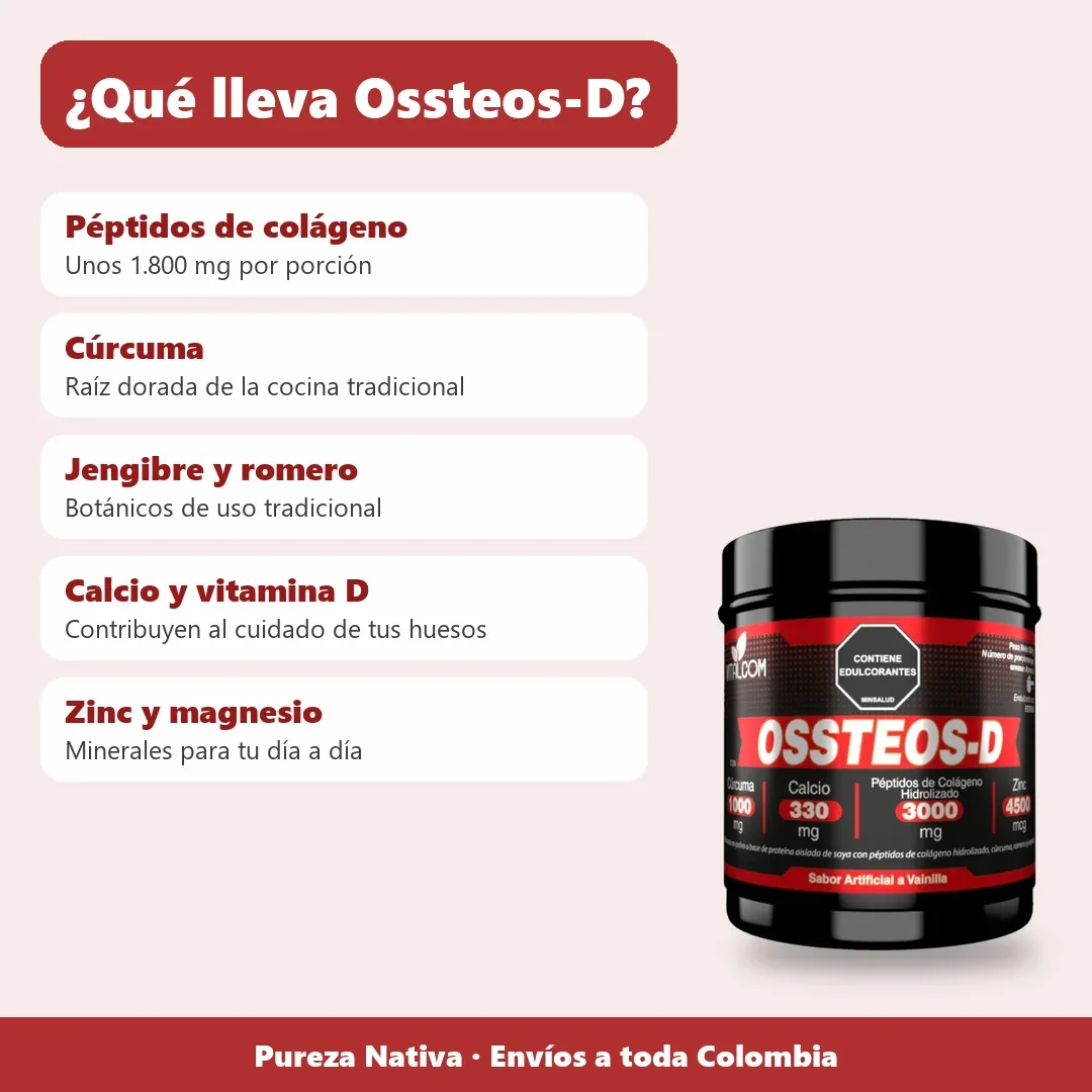 Ingredientes de Ossteos-D: péptidos de colágeno, cúrcuma, jengibre, romero, calcio, vitamina D, zinc y magnesio
