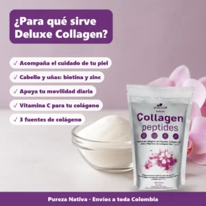 Colágeno Hidrolizado Deluxe Collagen Peptides 454 g Para qué sirve Deluxe Collagen: cuidado de la piel, cabello y uñas con biotina y zinc, movilidad y vitamina C