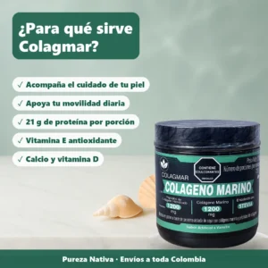 Colágeno Marino en Polvo Colagmar 500 g – Sabor Vainilla Para qué sirve Colagmar: acompaña el cuidado de la piel, apoya la movilidad, 21 g de proteína, vitamina E, calcio y vitamina D