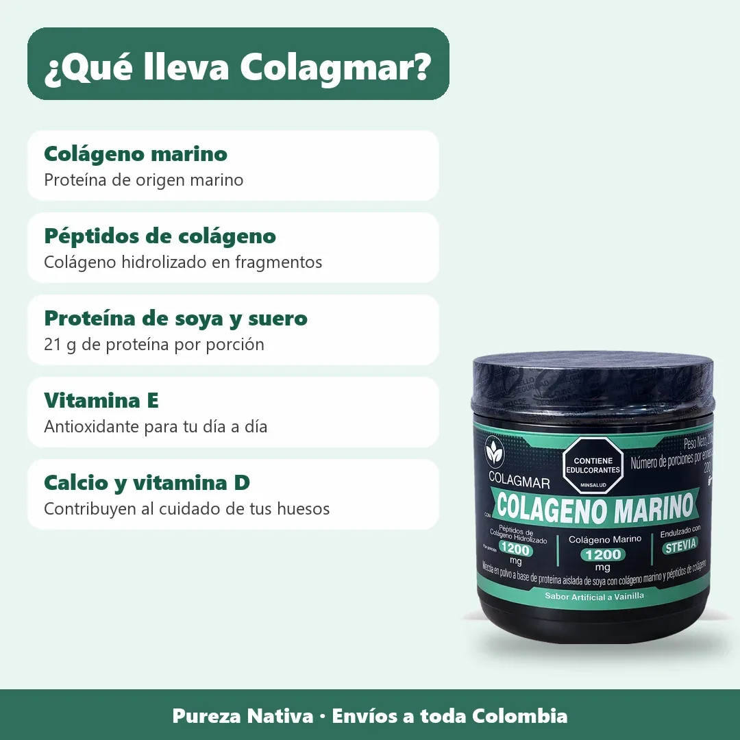 Ingredientes de Colagmar: colágeno marino, péptidos de colágeno, proteína de soya y suero, vitamina E, calcio y vitamina D